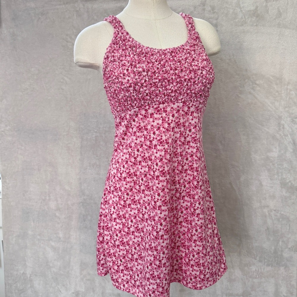 Vintage Y2K Pink Floral Popcorn Smocked Mini Dress Small Made in USA Fairy 2000s